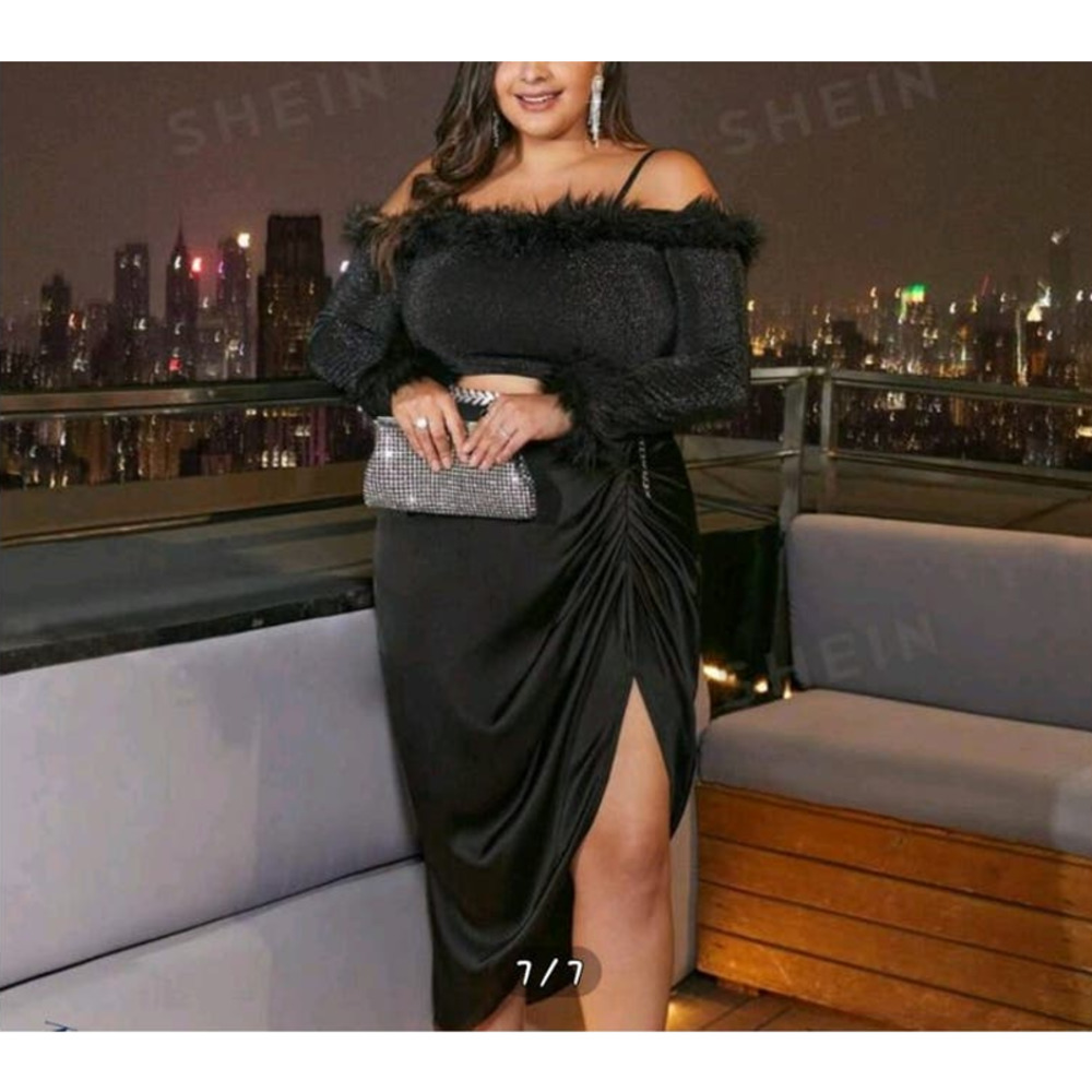 SHIEN Frenchy Plus Ruched Asymmetrical Hem Satin Skirt Black Size 2XL